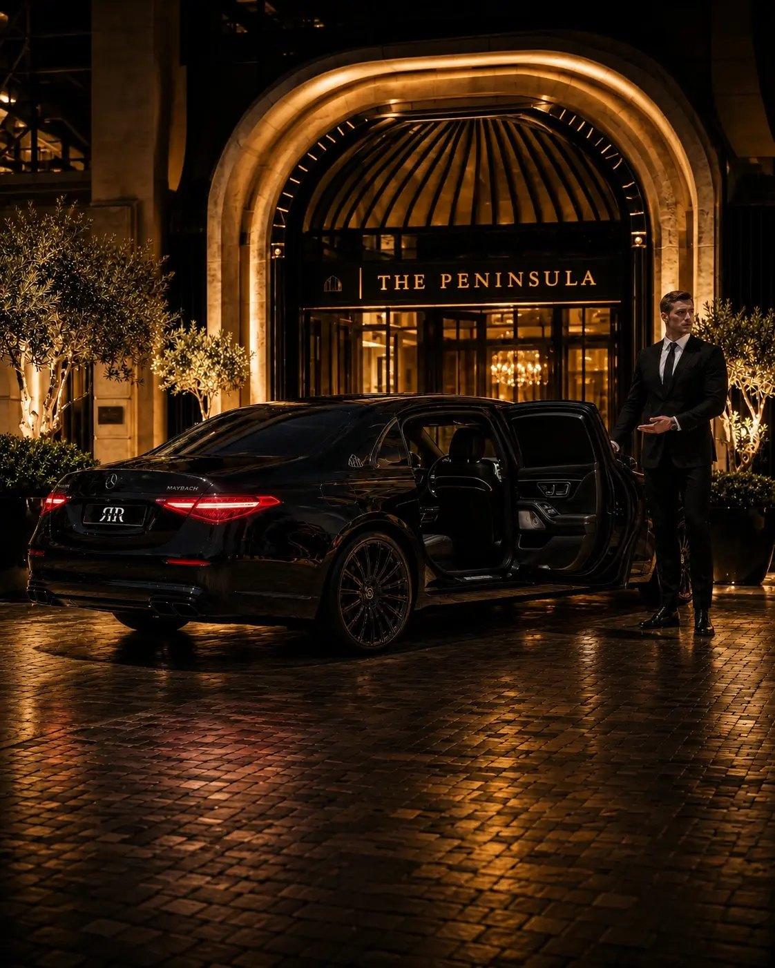 Chauffeur beside a Mercedes-Benz sedan outside a hotel