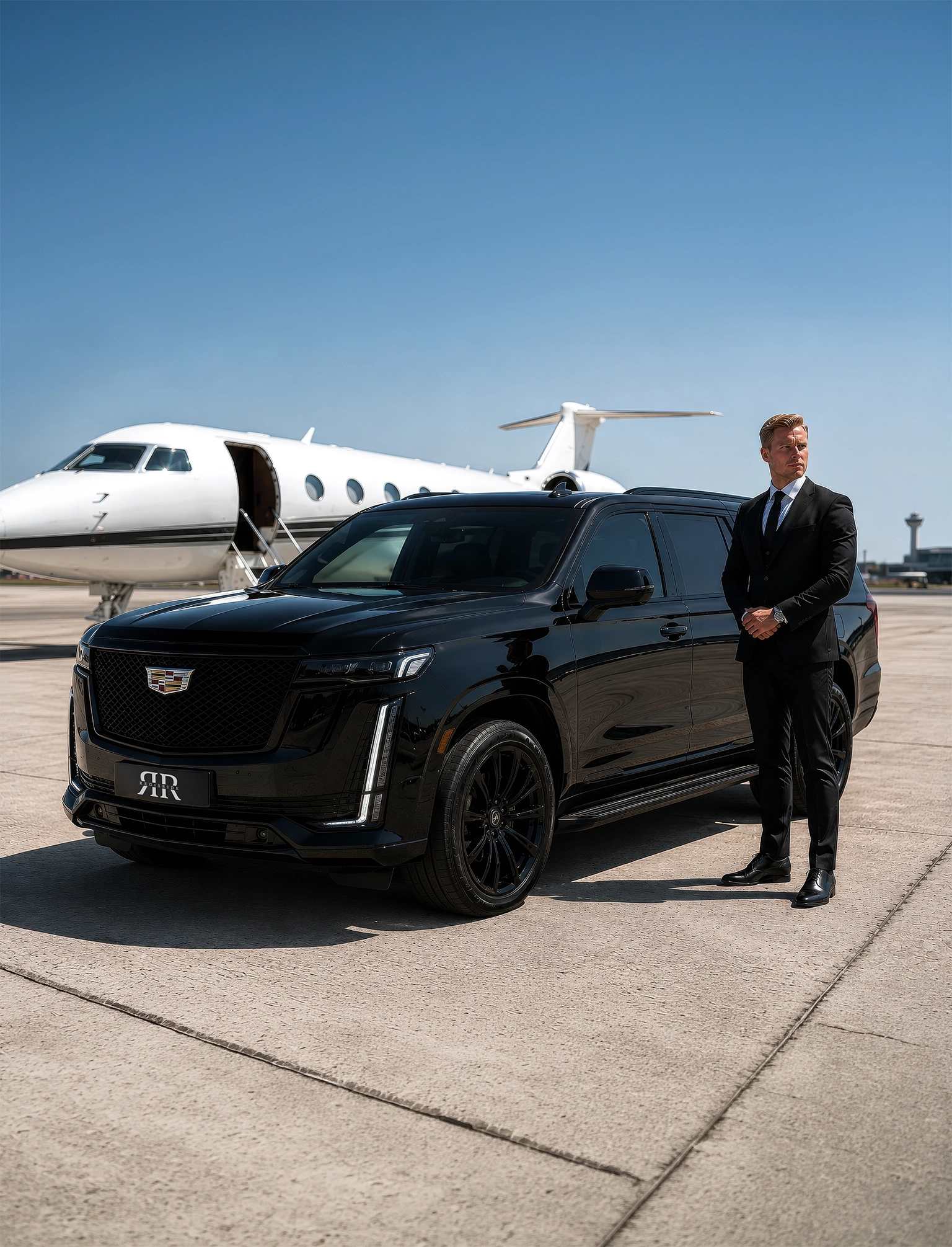 Cadillac SUV and chauffeur beside a private jet